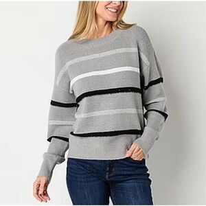 LIZ CLAIBORNE Womens Sweater XXL Crew Neck Long Sleeve Striped Pullover Gray NEW